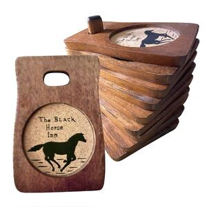The Black Horse Inn Est. 1794 Vintage 10 Piece Set Wood & Cork Coasters & Stand